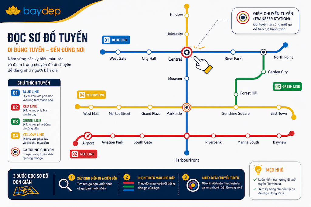 sơ đồ tuyến tàu điện ngầm với ký hiệu màu sắc từng tuyến