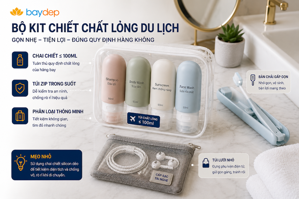 bộ chai chiết mỹ phẩm du lịch và túi zip đựng đồ dùng cá nhân gọn gàng