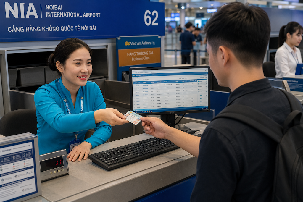 hành khách làm thủ tục check-in tại quầy sân bay khi quên mật khẩu đặt vé