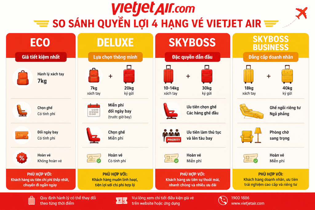 bảng so sánh quyền lợi bốn hạng vé Eco Deluxe SkyBoss trên Vietjet Air