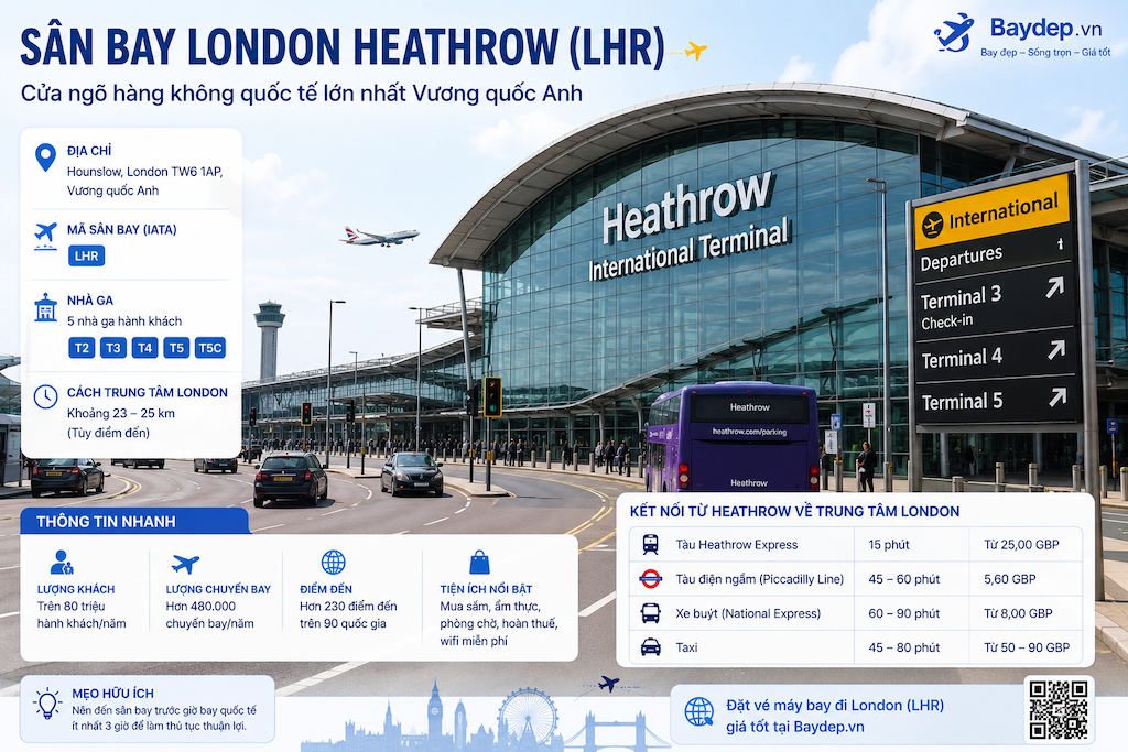sân bay London Heathrow nhìn từ bên ngoài nhà ga quốc tế