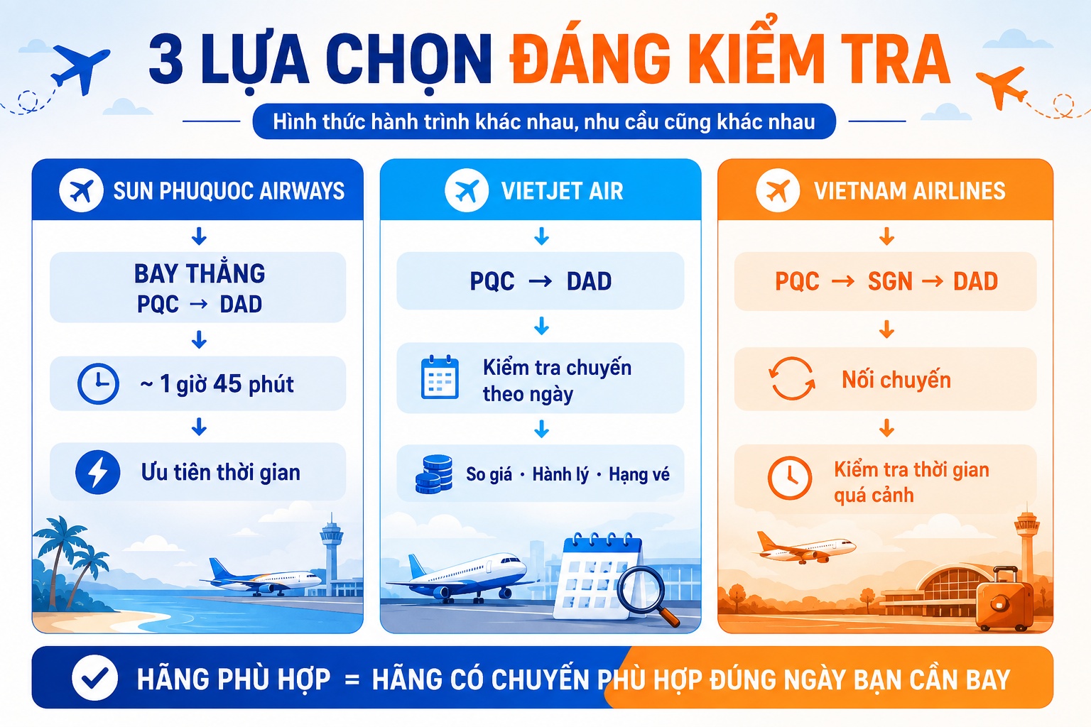 bảng lựa chọn hãng bay và giờ bay đến Đà Nẵng