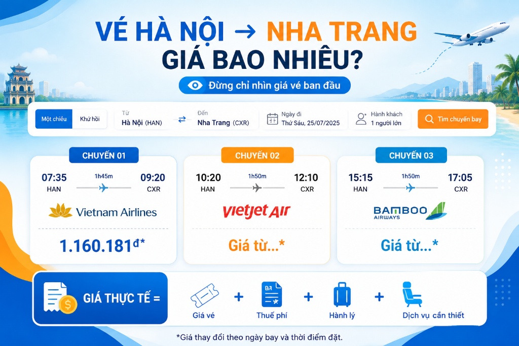 màn hình so sánh tổng giá vé và giờ bay phù hợp