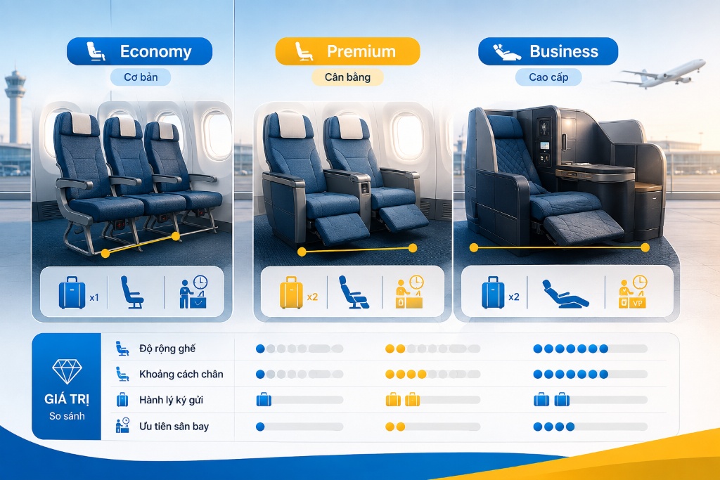 bảng so sánh ba hạng ghế trên chuyến bay Vietnam Airlines