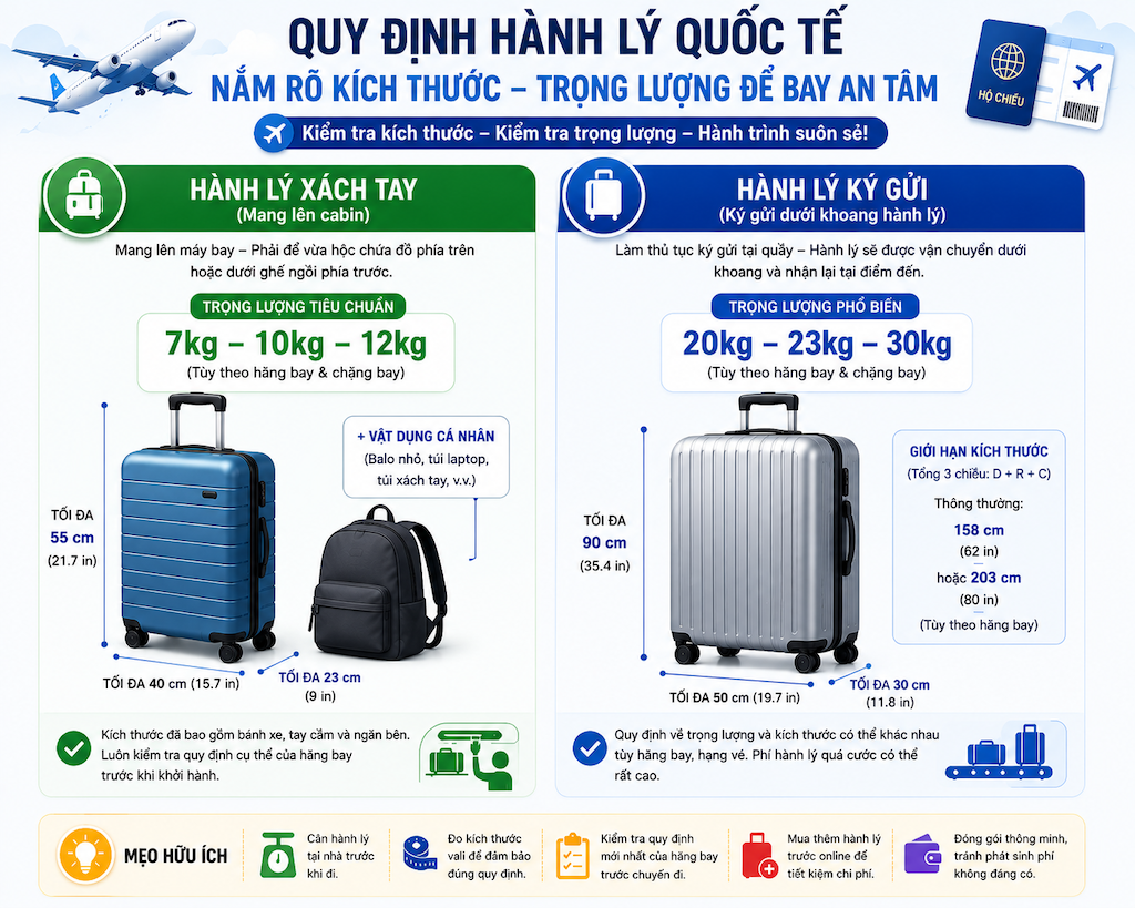 Bay quốc tế được mang bao nhiêu kg hành lý? Cách kiểm tra