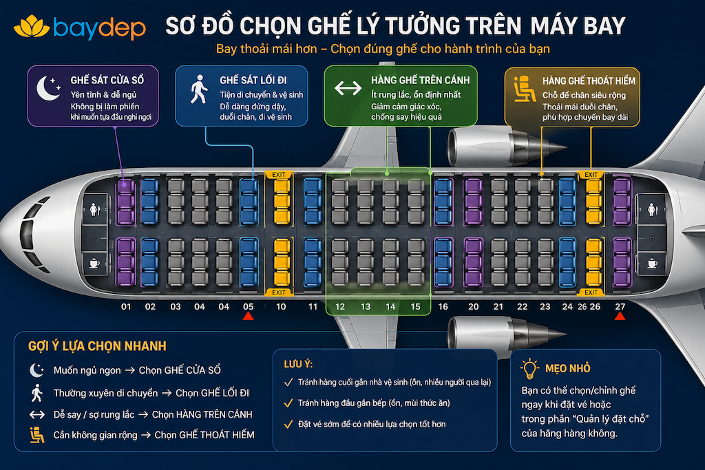 sơ đồ khoang máy bay đánh dấu các vị trí ghế lối đi ghế cửa sổ và ghế thoát hiểm