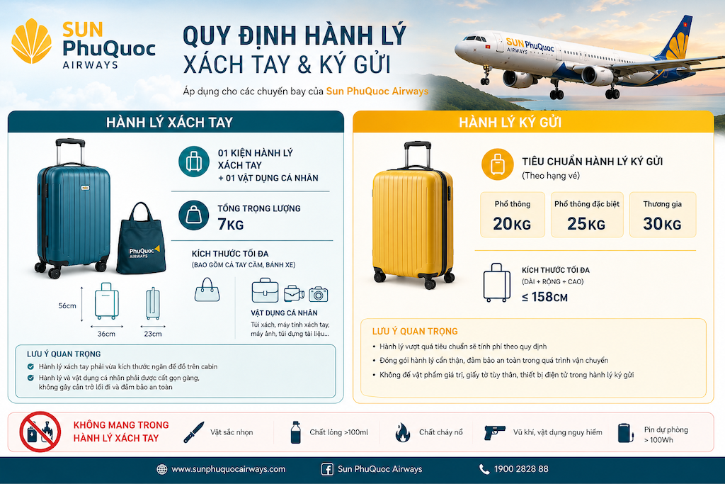 bảng quy định hành lý xách tay và ký gửi của Sun PhuQuoc Airways