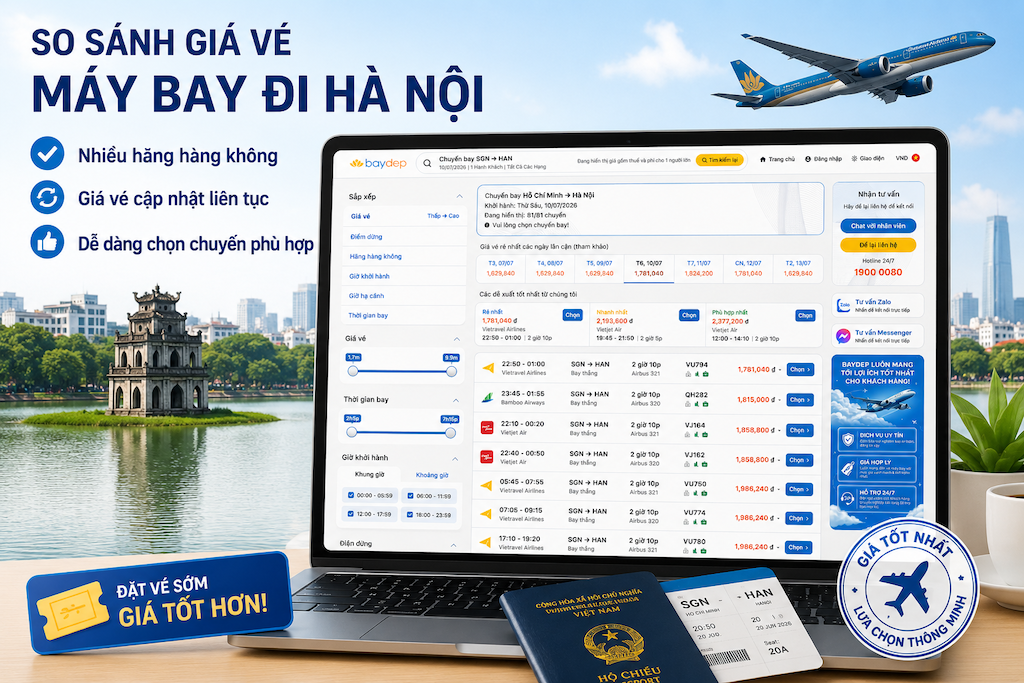 màn hình so sánh vé máy bay đi Hà Nội từ nhiều hãng trên nền tảng đặt vé
