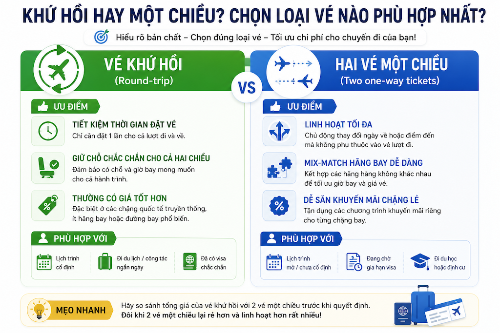 Nên mua vé khứ hồi hay một chiều để tiết kiệm hơn? Hướng dẫn cho người mới
