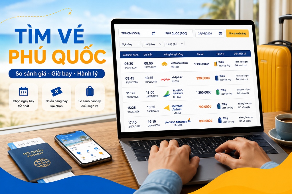 màn hình tìm chuyến bay từ thành phố đến Phú Quốc