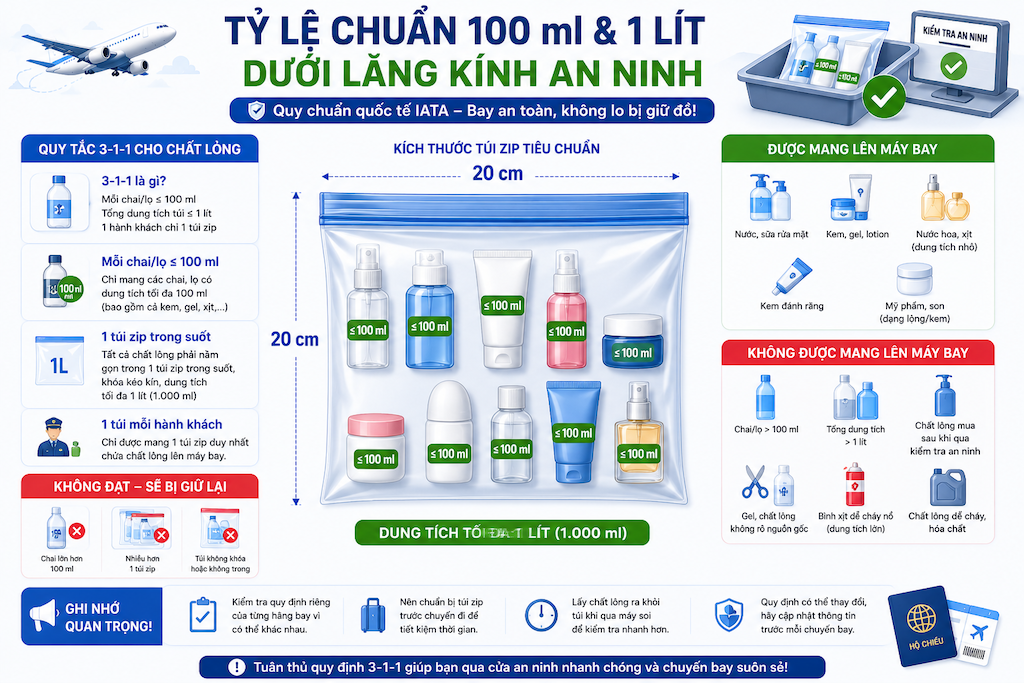 Chất lỏng có được mang lên máy bay quốc tế không, cần lưu ý gì?