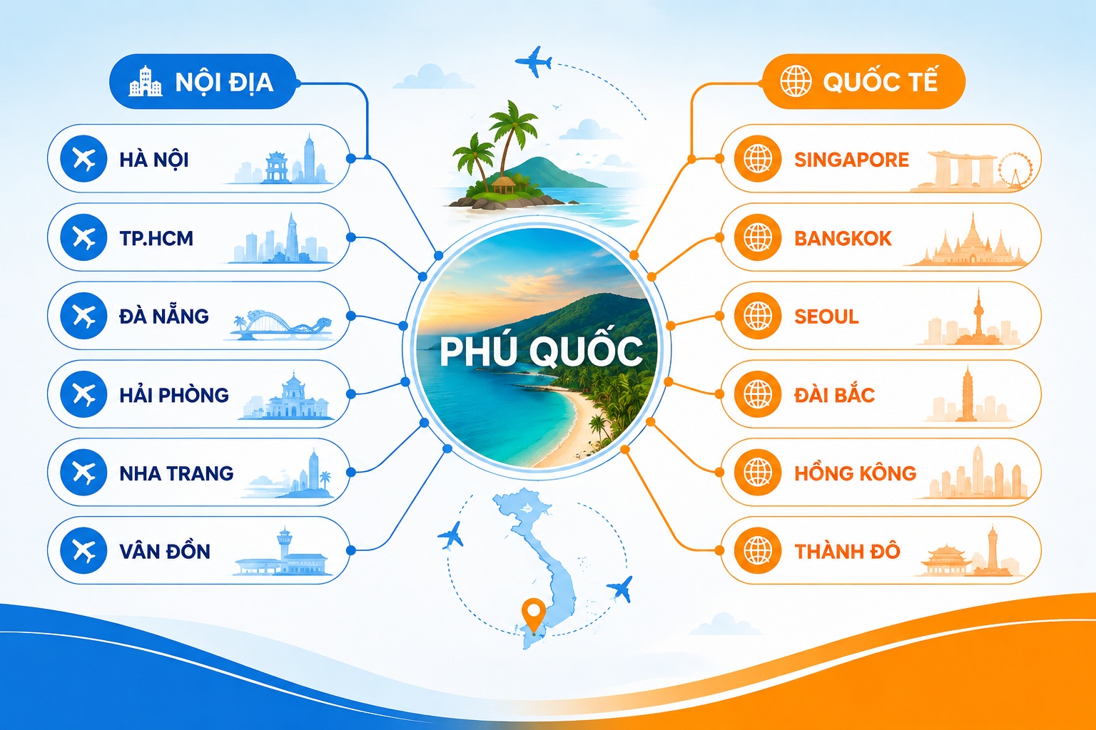 Đường bay Sun PhuQuoc Airways gồm những điểm đến nào?