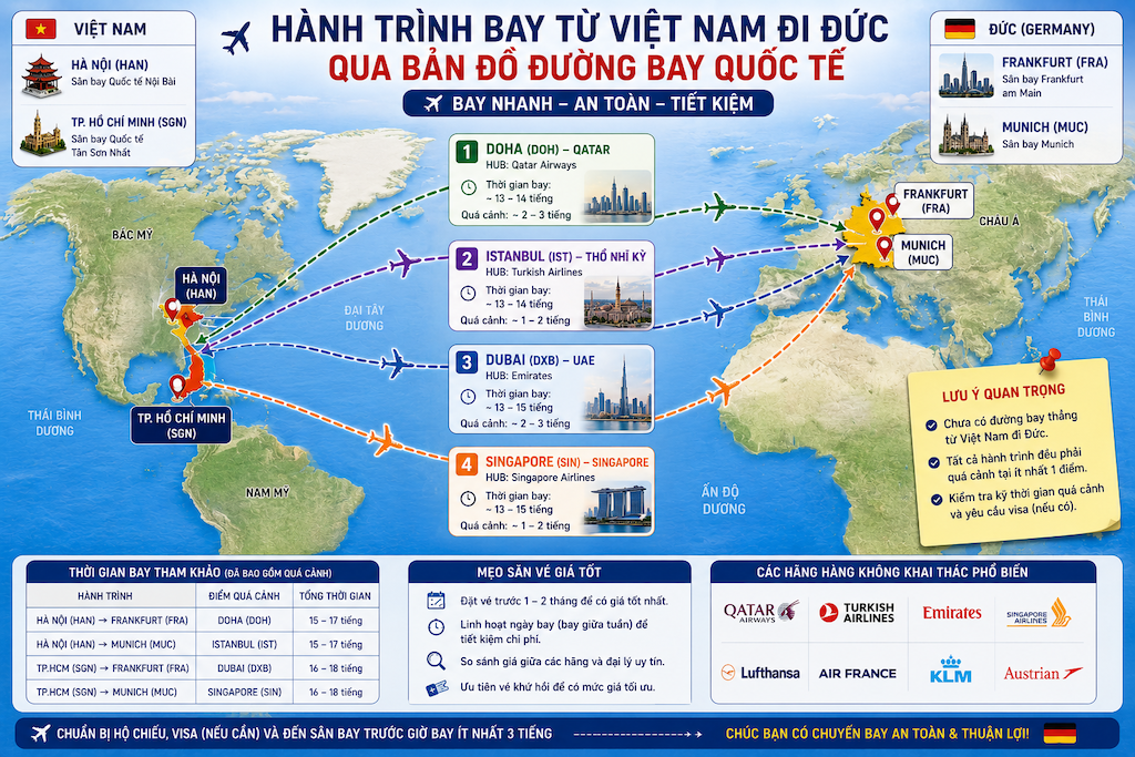 hành trình bay từ Việt Nam đi Đức qua bản đồ đường bay quốc tế