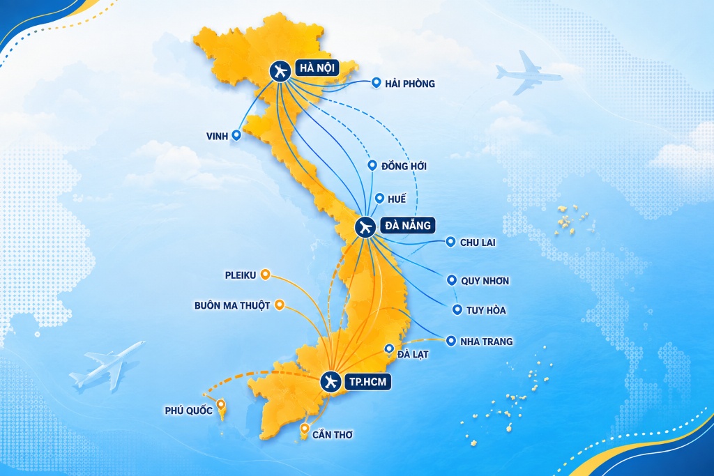 bản đồ đường bay Bamboo Airways kết nối các điểm đến Việt Nam