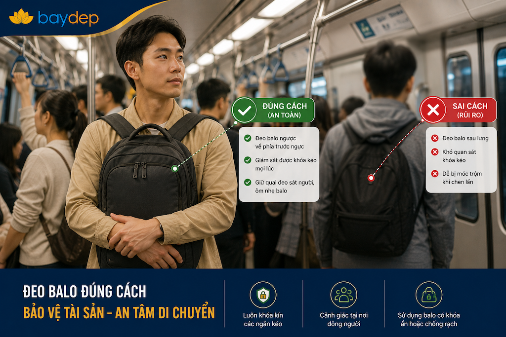 hướng dẫn đeo balo trước ngực đúng cách để tránh móc túi khi du lịch