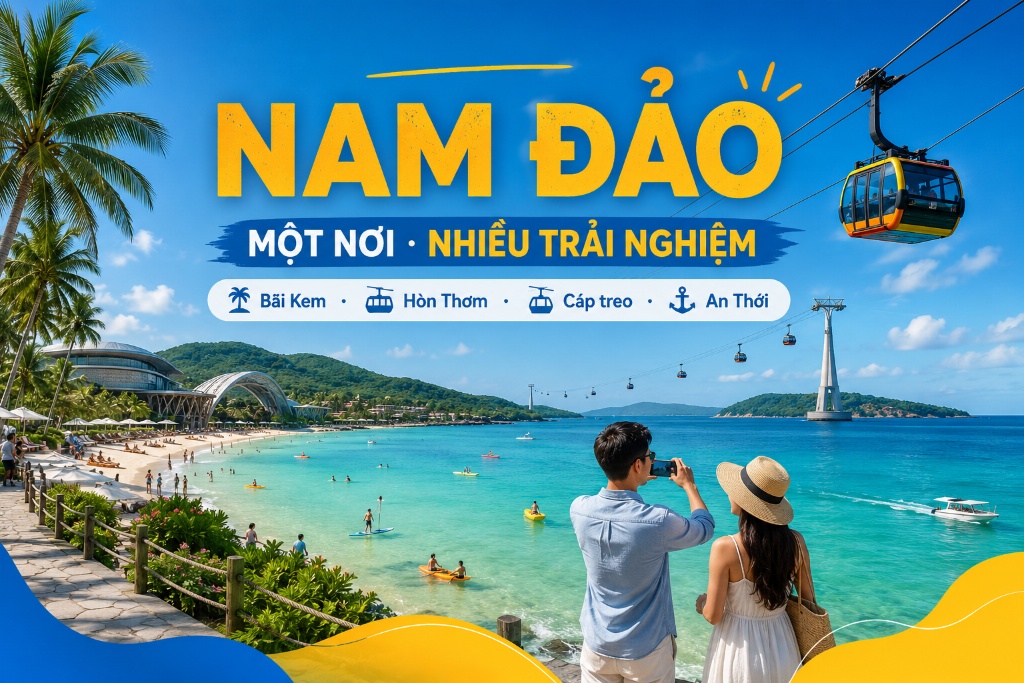 du khách trải nghiệm cáp treo và biển tại Nam đảo