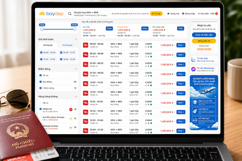giao diện đặt vé máy bay Vietjet Air trên nền tảng trực tuyến