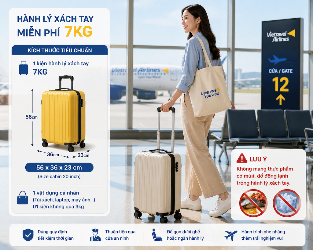 hành khách chuẩn bị hành lý xách tay trước chuyến bay Vietravel Airlines"