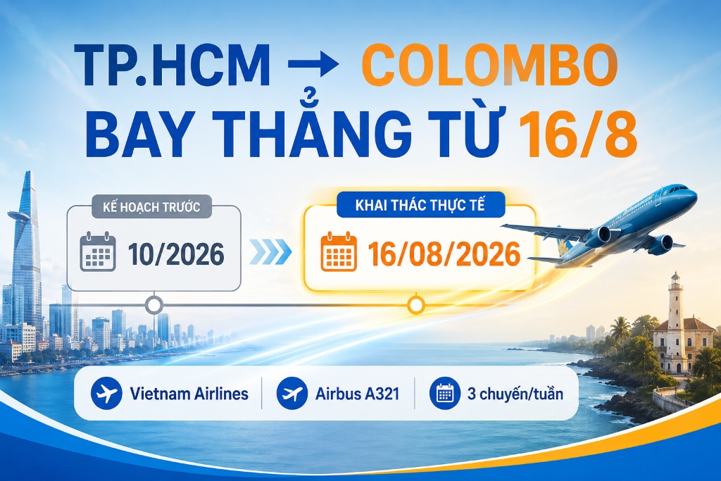 lịch ba chuyến mỗi tuần giữa TP.HCM và Colombo