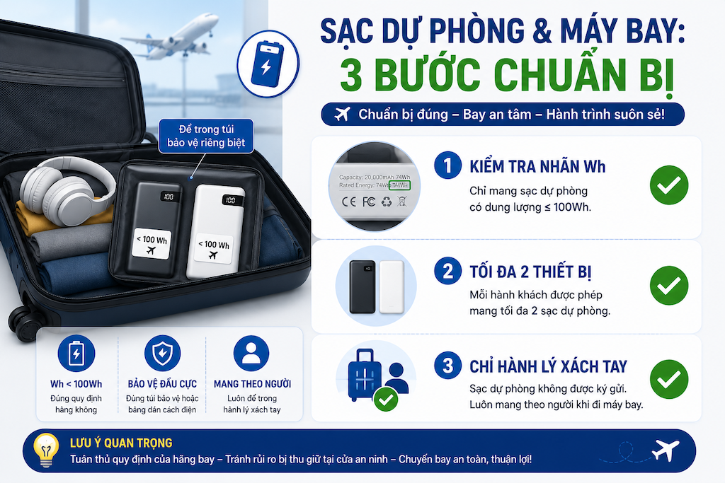 Pin sạc dự phòng có được mang lên máy bay không? Quy định cần nhớ