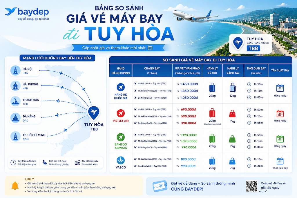 bảng so sánh giá vé máy bay đi Tuy Hòa theo từng hãng hàng không