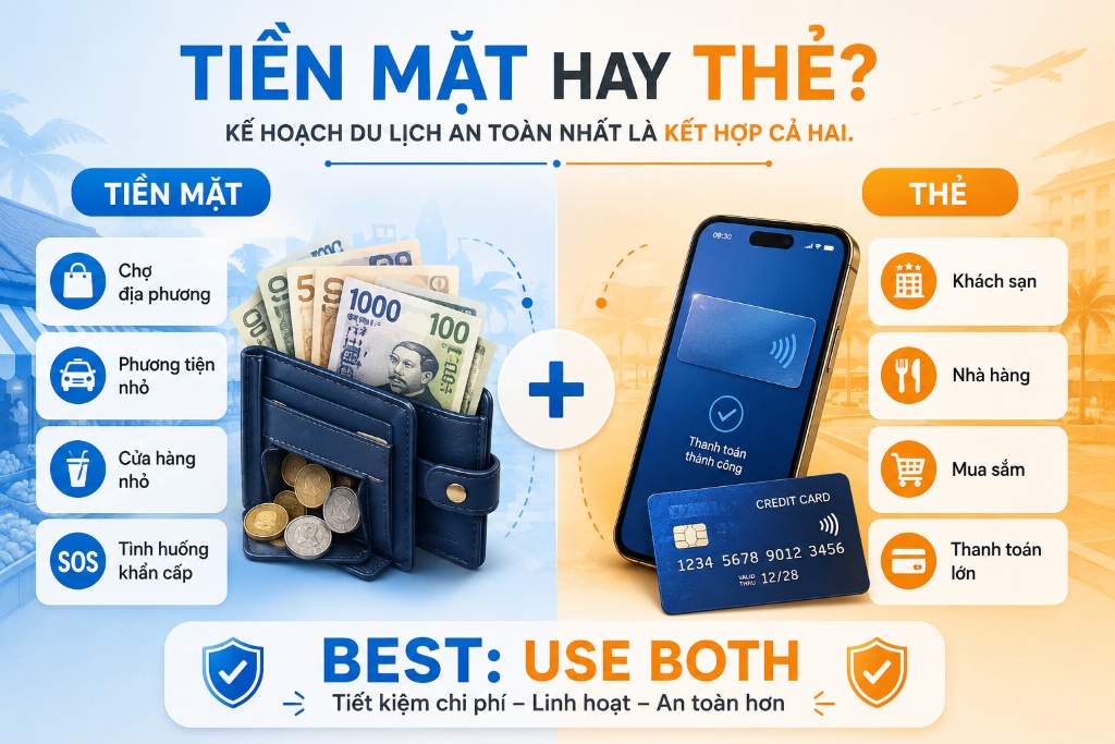 tiền mặt ngoại tệ và thẻ ngân hàng chuẩn bị cho chuyến đi
