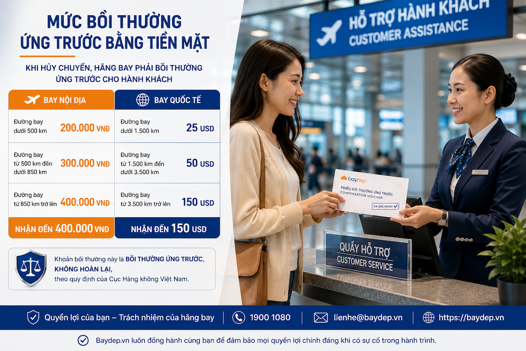 bảng thông tin bồi thường hoãn hủy chuyến bay tại quầy hãng hàng không