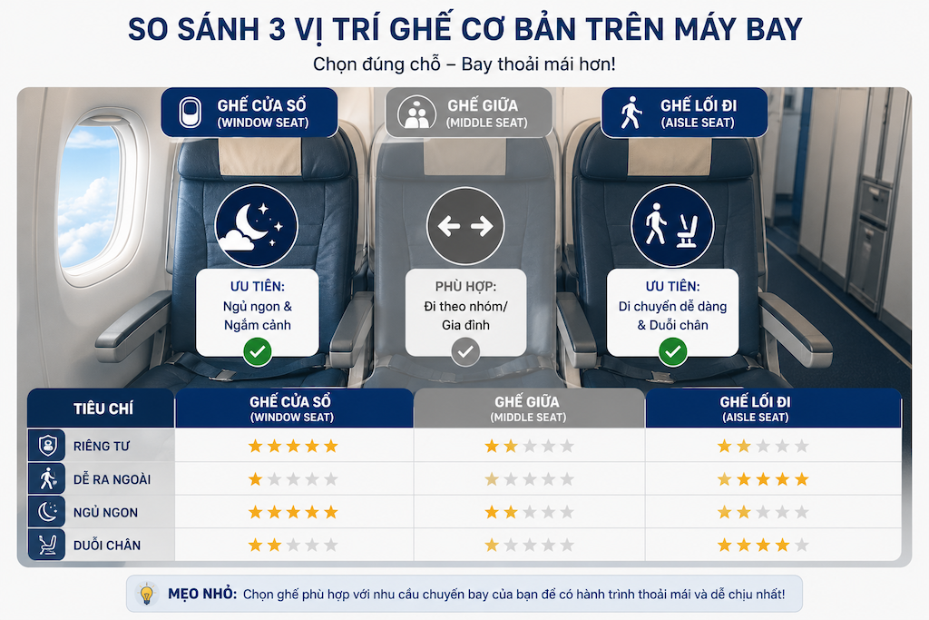 sơ đồ vị trí ghế máy bay theo khu vực đầu giữa đuôi