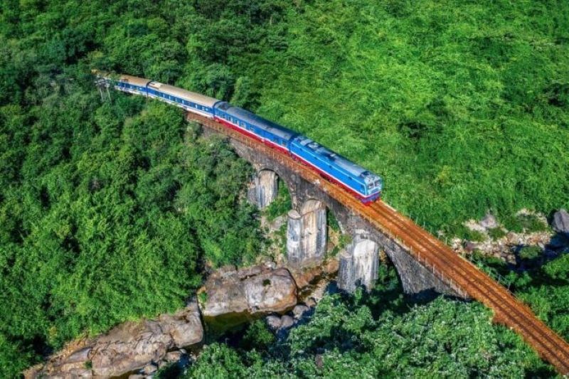 Đoàn tàu Bắc Nam chạy qua đèo Hải Vân nhìn từ trên cao