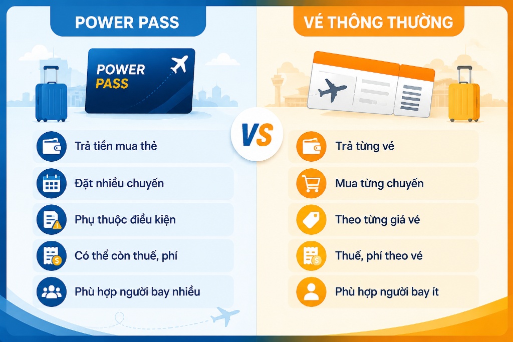 bảng so sánh Power Pass với vé máy bay thông thường