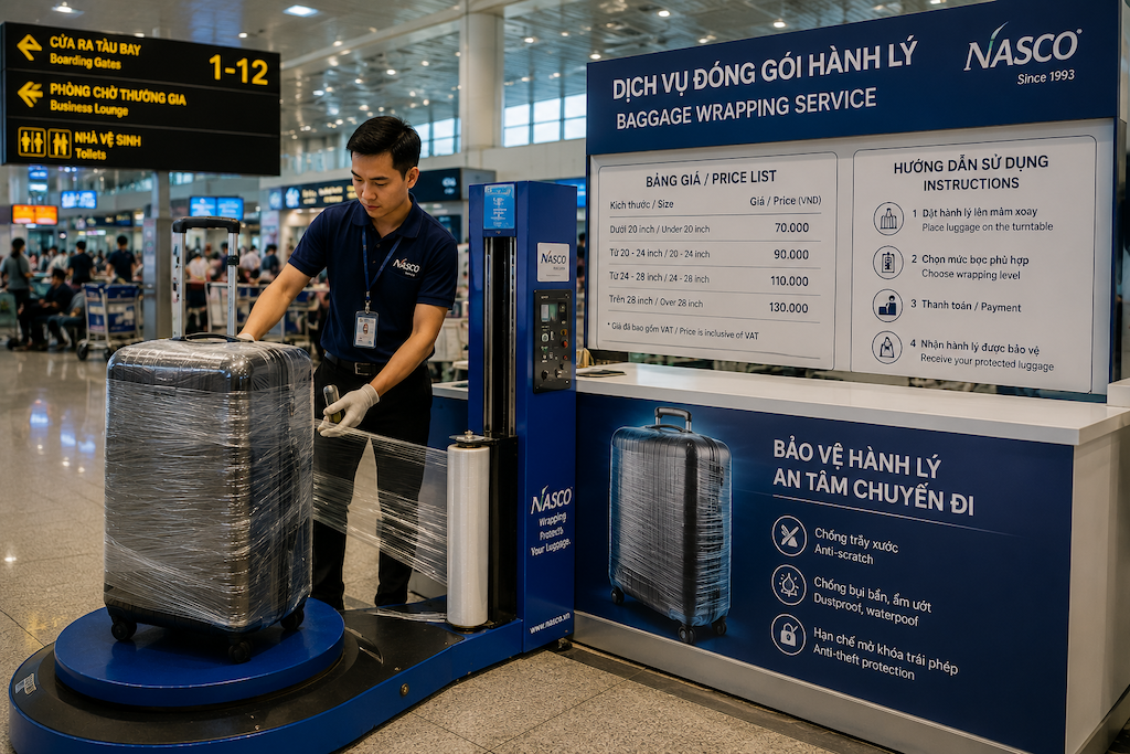 quầy đóng gói hành lý bọc màng bảo vệ tại nhà ga sân bay Nội Bài