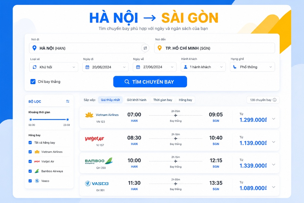 Vé máy bay Hà Nội Sài Gòn: Đặt vé nhanh chóng, tiện lợi, giá rẻ