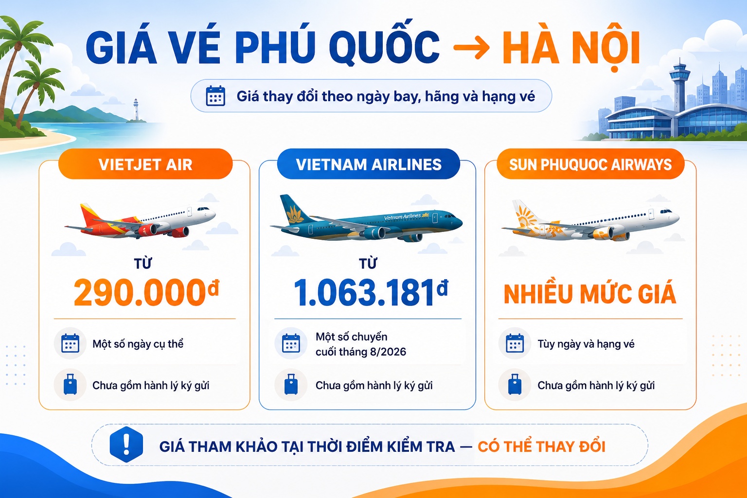 bảng giá chuyến bay từ Phú Quốc đến Hà Nội theo ngày