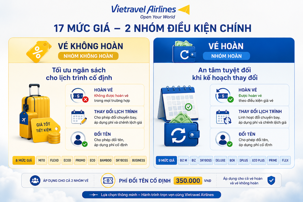 bảng so sánh hai loại vé máy bay Vietravel Airlines vé hoàn và vé không hoàn