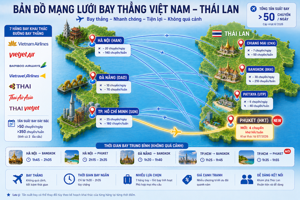<p>&nbsp;</p>  <h2>Gi&aacute; v&eacute; m&aacute;y bay Việt Nam đi Th&aacute;i Lan hiện nay dao động như thế n&agrave;o?</h2>  <p><strong>Gi&aacute; v&eacute; một chiều từ Việt Nam đi Th&aacute;i Lan phổ biến trong khoảng 1.000.000 đến 3.000.000 VNĐ với h&atilde;ng gi&aacute; rẻ, v&agrave; khoảng 2.000.000 đến 5.500.000 VNĐ với h&atilde;ng truyền thống (đ&atilde; gồm thuế ph&iacute;).</strong>&nbsp;Mức gi&aacute; cụ thể phụ thuộc v&agrave;o chặng bay, thời điểm đặt v&eacute;, hạng ghế v&agrave; chương tr&igrave;nh khuyến m&atilde;i của từng h&atilde;ng. Dưới đ&acirc;y l&agrave; bảng tham khảo gi&aacute; v&eacute; theo c&aacute;c chặng phổ biến.</p>  <p>Bảng dưới đ&acirc;y tổng hợp gi&aacute; v&eacute; một chiều tham khảo cho c&aacute;c chặng bay thẳng phổ biến nhất từ Việt Nam đến Th&aacute;i Lan, gi&uacute;p bạn so s&aacute;nh nhanh giữa c&aacute;c điểm khởi h&agrave;nh v&agrave; loại h&atilde;ng bay.</p>  <table> 	<thead> 		<tr> 			<th>Chặng bay</th> 			<th>H&atilde;ng gi&aacute; rẻ (một chiều)</th> 			<th>H&atilde;ng truyền thống (một chiều)</th> 			<th>Thời gian bay</th> 		</tr> 	</thead> 	<tbody> 		<tr> 			<td>H&agrave; Nội - Bangkok</td> 			<td>1.500.000 - 2.500.000 VNĐ</td> 			<td>2.300.000 - 4.600.000 VNĐ</td> 			<td>~1 giờ 50 ph&uacute;t</td> 		</tr> 		<tr> 			<td>TP.HCM - Bangkok</td> 			<td>1.400.000 - 2.400.000 VNĐ</td> 			<td>2.000.000 - 3.900.000 VNĐ</td> 			<td>~1 giờ 40 ph&uacute;t</td> 		</tr> 		<tr> 			<td>Đ&agrave; Nẵng - Bangkok</td> 			<td>1.300.000 - 2.200.000 VNĐ</td> 			<td>2.200.000 - 4.000.000 VNĐ</td> 			<td>~2 giờ</td> 		</tr> 		<tr> 			<td>H&agrave; Nội - Chiang Mai</td> 			<td>1.500.000 - 2.800.000 VNĐ</td> 			<td>2.500.000 - 4.500.000 VNĐ</td> 			<td>~2 giờ</td> 		</tr> 		<tr> 			<td>TP.HCM - Phuket</td> 			<td>1.600.000 - 3.000.000 VNĐ</td> 			<td>2.500.000 - 5.000.000 VNĐ</td> 			<td>~1 giờ 50 ph&uacute;t</td> 		</tr> 	</tbody> </table>  <p>Mức gi&aacute; tr&ecirc;n l&agrave; tham khảo tại thời điểm kiểm tra giữa năm 2026 v&agrave; c&oacute; thể thay đổi theo ng&agrave;y bay, hạng v&eacute;, chương tr&igrave;nh khuyến m&atilde;i. V&agrave;o m&ugrave;a thấp điểm (th&aacute;ng 4, 5, 9, 10), gi&aacute; v&eacute; thường rẻ hơn 20-30% so với m&ugrave;a cao điểm (th&aacute;ng 11 đến th&aacute;ng 2 năm sau, c&aacute;c dịp lễ Tết). Nếu bạn linh hoạt về ng&agrave;y bay, n&ecirc;n đặt v&eacute; trước 4 đến 6 tuần để c&oacute; mức gi&aacute; tốt nhất.</p>  <h2>Những h&atilde;ng h&agrave;ng kh&ocirc;ng n&agrave;o bay thẳng từ Việt Nam đi Th&aacute;i Lan?</h2>  <p><strong>C&oacute; &iacute;t nhất 7 h&atilde;ng h&agrave;ng kh&ocirc;ng khai th&aacute;c bay thẳng từ Việt Nam đi Th&aacute;i Lan, gồm Vietnam Airlines, Vietjet Air, Bamboo Airways, Vietravel Airlines (ph&iacute;a Việt Nam) c&ugrave;ng Thai Airways, Thai AirAsia, Thai VietJet Air (ph&iacute;a Th&aacute;i Lan).</strong>&nbsp;Tần suất l&ecirc;n tới hơn 50 chuyến bay thẳng mỗi ng&agrave;y từ c&aacute;c th&agrave;nh phố lớn của Việt Nam, cho bạn nhiều lựa chọn về khung giờ v&agrave; mức gi&aacute;.</p>  <p>Bảng dưới đ&acirc;y so s&aacute;nh đặc điểm ch&iacute;nh của c&aacute;c h&atilde;ng bay phổ biến nhất tr&ecirc;n chặng Việt Nam đi Th&aacute;i Lan, gi&uacute;p bạn chọn h&atilde;ng ph&ugrave; hợp với ng&acirc;n s&aacute;ch v&agrave; nhu cầu dịch vụ.</p>  <table> 	<thead> 		<tr> 			<th>H&atilde;ng h&agrave;ng kh&ocirc;ng</th> 			<th>Loại h&atilde;ng</th> 			<th>Chặng bay ch&iacute;nh</th> 			<th>H&agrave;nh l&yacute; k&yacute; gửi</th> 			<th>Suất ăn</th> 		</tr> 	</thead> 	<tbody> 		<tr> 			<td>Vietnam Airlines</td> 			<td>Truyền thống</td> 			<td>HAN/SGN/DAD - BKK, SGN - Phuket</td> 			<td>C&oacute; sẵn (23 kg)</td> 			<td>C&oacute; sẵn</td> 		</tr> 		<tr> 			<td>Vietjet Air</td> 			<td>Gi&aacute; rẻ</td> 			<td>HAN/SGN/DAD - BKK, Phuket, Chiang Mai</td> 			<td>Mua th&ecirc;m</td> 			<td>Mua th&ecirc;m</td> 		</tr> 		<tr> 			<td>Thai AirAsia</td> 			<td>Gi&aacute; rẻ</td> 			<td>HAN/SGN - BKK (Don Mueang)</td> 			<td>Mua th&ecirc;m</td> 			<td>Mua th&ecirc;m</td> 		</tr> 		<tr> 			<td>Thai Airways</td> 			<td>Truyền thống</td> 			<td>HAN/SGN - BKK</td> 			<td>C&oacute; sẵn (30 kg)</td> 			<td>C&oacute; sẵn</td> 		</tr> 		<tr> 			<td>Bamboo Airways</td> 			<td>Truyền thống</td> 			<td>HAN/SGN - BKK</td> 			<td>C&oacute; sẵn (23 kg)</td> 			<td>C&oacute; sẵn</td> 		</tr> 		<tr> 			<td>Vietravel Airlines</td> 			<td>Gi&aacute; rẻ</td> 			<td>HAN - BKK</td> 			<td>C&oacute; sẵn (20 kg)</td> 			<td>Mua th&ecirc;m</td> 		</tr> 	</tbody> </table>  <p>Nếu ưu ti&ecirc;n gi&aacute; rẻ v&agrave; kh&ocirc;ng cần h&agrave;nh l&yacute; k&yacute; gửi nhiều, Vietjet Air hoặc Thai AirAsia thường c&oacute; mức gi&aacute; cạnh tranh nhất. Nếu cần trải nghiệm đầy đủ dịch vụ gồm h&agrave;nh l&yacute;, suất ăn v&agrave; t&iacute;ch điểm hội vi&ecirc;n, Vietnam Airlines hoặc Thai Airways l&agrave; lựa chọn ph&ugrave; hợp hơn. Theo Cục H&agrave;ng kh&ocirc;ng Việt Nam, từ th&aacute;ng 7/2026, Vietnam Airlines ch&iacute;nh thức khai th&aacute;c th&ecirc;m đường bay thẳng TP.HCM đi Phuket với tần suất 4 chuyến khứ hồi mỗi tuần, n&acirc;ng tổng số chuyến bay giữa hai nước l&ecirc;n khoảng 67 chuyến mỗi tuần.</p>  <p>[ch&egrave;n ảnh ở đ&acirc;y: alt ảnh "m&aacute;y bay của h&atilde;ng h&agrave;ng kh&ocirc;ng Việt Nam chuẩn bị cất c&aacute;nh đi Th&aacute;i Lan tại s&acirc;n bay"]</p>  <h2>Bay đến s&acirc;n bay n&agrave;o ở Th&aacute;i Lan v&agrave; di chuyển v&agrave;o trung t&acirc;m ra sao?</h2>  <p><strong>C&aacute;c chuyến bay từ Việt Nam chủ yếu hạ c&aacute;nh tại s&acirc;n bay Suvarnabhumi (BKK) ở Bangkok, ngo&agrave;i ra c&ograve;n c&oacute; Don Mueang (DMK), s&acirc;n bay Phuket (HKT) v&agrave; s&acirc;n bay Chiang Mai (CNX).</strong>&nbsp;Mỗi s&acirc;n bay c&oacute; c&aacute;ch di chuyển v&agrave;o trung t&acirc;m kh&aacute;c nhau, bạn n&ecirc;n nắm trước để chủ động khi hạ c&aacute;nh.</p>  <p>S&acirc;n bay Suvarnabhumi c&aacute;ch trung t&acirc;m Bangkok khoảng 30 km. Bạn c&oacute; thể đi t&agrave;u điện Airport Rail Link (ARL) về trạm Phaya Thai hoặc Makkasan trong khoảng 30 ph&uacute;t với gi&aacute; v&eacute; từ 15 đến 45 baht. Ngo&agrave;i ra, taxi meter c&oacute; phụ thu 50 baht từ s&acirc;n bay v&agrave; tốn khoảng 300 đến 500 baht t&ugrave;y khoảng c&aacute;ch, hoặc d&ugrave;ng Grab để chủ động về gi&aacute;.</p>  <p>S&acirc;n bay Don Mueang chủ yếu phục vụ c&aacute;c h&atilde;ng gi&aacute; rẻ như Thai AirAsia, Nok Air. S&acirc;n bay n&agrave;y c&aacute;ch trung t&acirc;m khoảng 25 km, di chuyển bằng taxi hoặc xe bus mất khoảng 30 đến 60 ph&uacute;t t&ugrave;y giao th&ocirc;ng. Với Phuket hoặc Chiang Mai, taxi v&agrave; Grab l&agrave; phương tiện phổ biến nhất từ s&acirc;n bay về kh&aacute;ch sạn.</p>  <h2>Điều kiện nhập cảnh Th&aacute;i Lan cho người Việt c&oacute; g&igrave; cần lưu &yacute;?</h2>  <p><strong>C&ocirc;ng d&acirc;n Việt Nam được miễn visa khi du lịch Th&aacute;i Lan với thời gian lưu tr&uacute; tối đa 30 ng&agrave;y (nhập cảnh đường h&agrave;ng kh&ocirc;ng), chỉ cần hộ chiếu c&ograve;n hạn &iacute;t nhất 6 th&aacute;ng.</strong>&nbsp;Tuy nhi&ecirc;n, ch&iacute;nh s&aacute;ch visa Th&aacute;i Lan vừa c&oacute; thay đổi quan trọng m&agrave; bạn cần nắm trước khi đặt v&eacute;.</p>  <p>Theo VnExpress v&agrave; nhiều nguồn b&aacute;o ch&iacute;, ng&agrave;y 19/5/2026, Nội c&aacute;c Th&aacute;i Lan đ&atilde; ph&ecirc; duyệt việc b&atilde;i bỏ chương tr&igrave;nh miễn visa lưu tr&uacute; 60 ng&agrave;y (&aacute;p dụng từ th&aacute;ng 7/2024) v&agrave; quay trở lại mức 30 ng&agrave;y cho c&ocirc;ng d&acirc;n hơn 90 quốc gia, trong đ&oacute; c&oacute; Việt Nam. Quy định mới sẽ c&oacute; hiệu lực sau 15 ng&agrave;y kể từ khi được đăng tr&ecirc;n C&ocirc;ng b&aacute;o Ho&agrave;ng gia Th&aacute;i Lan. Với phần đ&ocirc;ng kh&aacute;ch Việt thường đi du lịch ngắn ng&agrave;y (5 đến 10 ng&agrave;y), thay đổi n&agrave;y kh&ocirc;ng tạo ảnh hưởng lớn.</p>  <p>Ngo&agrave;i hộ chiếu, bạn cần chuẩn bị th&ecirc;m:</p>  <ul> 	<li>V&eacute; m&aacute;y bay khứ hồi hoặc v&eacute; đi tiếp nước kh&aacute;c (bắt buộc xuất tr&igrave;nh khi nhập cảnh)</li> 	<li>X&aacute;c nhận đặt ph&ograve;ng kh&aacute;ch sạn hoặc địa chỉ lưu tr&uacute; r&otilde; r&agrave;ng</li> 	<li>Chứng minh t&agrave;i ch&iacute;nh nếu được y&ecirc;u cầu (thường từ 500 đến 700 USD hoặc tương đương)</li> 	<li>Khai b&aacute;o TDAC (Thailand Digital Arrival Card) trực tuyến trước khi bay, thay cho mẫu TM6 giấy đ&atilde; bị loại bỏ từ năm 2025</li> </ul>  <p>Nếu bạn c&oacute; kế hoạch lưu tr&uacute; tr&ecirc;n 30 ng&agrave;y, cần xin visa du lịch tại Đại sứ qu&aacute;n Th&aacute;i Lan trước khi khởi h&agrave;nh. Với nhu cầu l&agrave;m việc từ xa d&agrave;i ng&agrave;y, thẻ DTV (Digital Nomad Visa) cho ph&eacute;p lưu tr&uacute; hợp ph&aacute;p l&ecirc;n đến 180 ng&agrave;y.</p>  <h2>Khi n&agrave;o n&ecirc;n đặt v&eacute; v&agrave; đặt l&uacute;c n&agrave;o để được gi&aacute; tốt?</h2>  <p><strong>Đặt v&eacute; trước 4 đến 6 tuần v&agrave; chọn bay v&agrave;o m&ugrave;a thấp điểm (th&aacute;ng 4, 5, 9, 10) l&agrave; c&aacute;ch phổ biến nhất để c&oacute; gi&aacute; v&eacute; tiết kiệm.</strong>&nbsp;Ngo&agrave;i thời điểm, c&ograve;n một số yếu tố kh&aacute;c ảnh hưởng trực tiếp đến gi&aacute; v&eacute; m&agrave; bạn n&ecirc;n c&acirc;n nhắc.</p>  <p>Gi&aacute; v&eacute; thường tăng cao v&agrave;o m&ugrave;a du lịch Th&aacute;i Lan (th&aacute;ng 11 đến th&aacute;ng 2 năm sau), m&ugrave;a h&egrave; (th&aacute;ng 6 đến th&aacute;ng 8) v&agrave; c&aacute;c dịp lễ Tết, Songkran (giữa th&aacute;ng 4). Ngược lại, c&aacute;c th&aacute;ng 4, 5, 9, 10 l&agrave; thời điểm thấp điểm, gi&aacute; v&eacute; c&oacute; thể rẻ hơn 20 đến 30% so với cao điểm.</p>  <p>Một số mẹo gi&uacute;p bạn săn v&eacute; gi&aacute; tốt:</p>  <ol> 	<li>Theo d&otilde;i chương tr&igrave;nh khuyến m&atilde;i của Vietjet Air, Thai AirAsia v&igrave; hai h&atilde;ng n&agrave;y thường xuy&ecirc;n c&oacute; chương tr&igrave;nh v&eacute; 0 đồng hoặc giảm gi&aacute; mạnh</li> 	<li>So s&aacute;nh gi&aacute; tr&ecirc;n c&aacute;c nền tảng đặt v&eacute; trực tuyến như Baydep để thấy gi&aacute; của nhiều h&atilde;ng c&ugrave;ng l&uacute;c, tr&aacute;nh bỏ lỡ mức gi&aacute; tốt</li> 	<li>Chọn bay v&agrave;o c&aacute;c ng&agrave;y giữa tuần (thứ Ba, thứ Tư) thay v&igrave; cuối tuần, gi&aacute; thường ch&ecirc;nh từ 200.000 đến 500.000 VNĐ</li> 	<li>C&acirc;n nhắc bay v&agrave;o khung giờ s&aacute;ng sớm hoặc đ&ecirc;m muộn, gi&aacute; v&eacute; thường thấp hơn giờ cao điểm</li> 	<li>Đặt v&eacute; sớm 4 đến 6 tuần, đặc biệt nếu bay dịp lễ hoặc m&ugrave;a cao điểm</li> </ol>  <p>Lưu &yacute; th&ecirc;m: từ 20/6/2026, Th&aacute;i Lan tăng ph&iacute; dịch vụ h&agrave;nh kh&aacute;ch s&acirc;n bay quốc tế từ 730 baht l&ecirc;n 1.120 baht (tương đương khoảng 915.000 VNĐ). Theo Bộ Giao th&ocirc;ng vận tải Th&aacute;i Lan, khoản ph&iacute; n&agrave;y đ&atilde; được t&iacute;nh v&agrave;o gi&aacute; v&eacute; khi mua, nhưng bạn n&ecirc;n kiểm tra kỹ tổng gi&aacute; gồm thuế ph&iacute; khi đặt v&eacute; để tr&aacute;nh bất ngờ.</p>  <h2>Đặt v&eacute; m&aacute;y bay đi Th&aacute;i Lan tr&ecirc;n Baydep c&oacute; g&igrave; tiện lợi?</h2>  <p><strong>Baydep l&agrave; nền tảng <a href="https://baydep.vn/">đặt v&eacute; m&aacute;y bay trực tuyến</a> cho ph&eacute;p bạn so s&aacute;nh gi&aacute; v&eacute; từ nhiều h&atilde;ng h&agrave;ng kh&ocirc;ng c&ugrave;ng l&uacute;c, thanh to&aacute;n an to&agrave;n v&agrave; được hỗ trợ 24/7.</strong>&nbsp;Thay v&igrave; kiểm tra từng trang web của từng h&atilde;ng, bạn chỉ cần nhập chặng bay v&agrave; ng&agrave;y đi tr&ecirc;n Baydep để xem gi&aacute; v&eacute; đ&atilde; gồm thuế ph&iacute; từ Vietnam Airlines, Vietjet Air, Thai AirAsia, Thai Airways v&agrave; nhiều h&atilde;ng kh&aacute;c.</p>  <p>Quy tr&igrave;nh đặt v&eacute; tr&ecirc;n Baydep gồm 3 bước:</p>  <ol> 	<li>Nhập điểm đi (v&iacute; dụ H&agrave; Nội), điểm đến (v&iacute; dụ Bangkok), ng&agrave;y bay v&agrave; số h&agrave;nh kh&aacute;ch</li> 	<li>So s&aacute;nh gi&aacute; v&eacute; hiển thị từ c&aacute;c h&atilde;ng bay, chọn chuyến bay ph&ugrave; hợp về gi&aacute; v&agrave; giờ bay</li> 	<li>Điền th&ocirc;ng tin h&agrave;nh kh&aacute;ch, chọn phương thức thanh to&aacute;n v&agrave; nhận x&aacute;c nhận v&eacute; qua email</li> </ol>  <p>Nếu cần thay đổi lịch tr&igrave;nh hoặc c&oacute; thắc mắc về chuyến bay, bạn c&oacute; thể li&ecirc;n hệ bộ phận hỗ trợ của Baydep bất kỳ l&uacute;c n&agrave;o. Nền tảng cũng hỗ trợ đặt th&ecirc;m kh&aacute;ch sạn v&agrave; tour nếu bạn muốn l&ecirc;n trọn g&oacute;i cho chuyến đi Th&aacute;i Lan.</p>  <h2>C&acirc;u hỏi thường gặp khi đặt v&eacute; m&aacute;y bay Việt Nam đi Th&aacute;i Lan</h2>  <h3>2. Bay từ Việt Nam đi Th&aacute;i Lan mất bao l&acirc;u?</h3>  <p>Thời gian bay thẳng từ H&agrave; Nội hoặc TP.HCM đến Bangkok khoảng 1 giờ 40 ph&uacute;t đến 2 giờ. Chặng đến Phuket hoặc Chiang Mai c&oacute; thể nhỉnh hơn từ 10 đến 20 ph&uacute;t nếu l&agrave; bay thẳng.</p>  <h3>3. C&oacute; cần visa khi đi Th&aacute;i Lan du lịch kh&ocirc;ng?</h3>  <p>Kh&ocirc;ng cần nếu đi du lịch dưới 30 ng&agrave;y bằng đường h&agrave;ng kh&ocirc;ng. Bạn chỉ cần hộ chiếu c&ograve;n hạn &iacute;t nhất 6 th&aacute;ng, v&eacute; khứ hồi v&agrave; khai b&aacute;o TDAC trực tuyến trước khi bay.</p>  <h3>4. N&ecirc;n đặt v&eacute; trước bao l&acirc;u để được gi&aacute; tốt?</h3>  <p>Th&ocirc;ng thường, đặt trước 4 đến 6 tuần sẽ c&oacute; gi&aacute; hợp l&yacute;. Nếu bay dịp lễ hoặc m&ugrave;a cao điểm, n&ecirc;n đặt sớm hơn, từ 2 đến 3 th&aacute;ng.</p>  <h3>5. S&acirc;n bay n&agrave;o ở Bangkok n&ecirc;n chọn?</h3>  <p>Suvarnabhumi (BKK) phục vụ hầu hết h&atilde;ng truyền thống v&agrave; c&oacute; t&agrave;u điện ARL v&agrave;o trung t&acirc;m nhanh. Don Mueang (DMK) chủ yếu d&agrave;nh cho h&atilde;ng gi&aacute; rẻ, di chuyển v&agrave;o trung t&acirc;m bằng taxi hoặc xe bus.</p>  <h3>6. Trẻ em c&oacute; cần giấy tờ g&igrave; đặc biệt kh&ocirc;ng?</h3>  <p>Trẻ em dưới 14 tuổi đi c&ugrave;ng cha mẹ cần hộ chiếu ri&ecirc;ng c&ograve;n hạn &iacute;t nhất 6 th&aacute;ng. Nếu trẻ đi c&ugrave;ng người gi&aacute;m hộ kh&ocirc;ng phải cha mẹ, n&ecirc;n mang theo giấy ủy quyền c&oacute; c&ocirc;ng chứng để tr&aacute;nh rắc rối khi nhập cảnh.</p>  <p>Chặng bay Việt Nam đi Th&aacute;i Lan ngắn, gi&aacute; v&eacute; cạnh tranh v&agrave; kh&ocirc;ng cần visa cho kỳ nghỉ dưới 30 ng&agrave;y. Tuy nhi&ecirc;n, nếu bạn đang t&iacute;nh đi từ nửa cuối năm 2026 trở đi, h&atilde;y kiểm tra lại thời hạn miễn visa mới nhất tr&ecirc;n trang ch&iacute;nh thức của Cục Di tr&uacute; Th&aacute;i Lan trước khi đặt v&eacute;, đặc biệt khi c&oacute; kế hoạch ở tr&ecirc;n 30 ng&agrave;y. Với những chuyến đi ngắn ng&agrave;y, việc so s&aacute;nh gi&aacute; tr&ecirc;n <a href="https://baydep.vn/"><strong>Baydep</strong></a>, đặt sớm v&agrave; chọn đ&uacute;ng m&ugrave;a thấp điểm l&agrave; đủ để bạn c&oacute; một chuyến bay tiết kiệm m&agrave; vẫn thoải m&aacute;i.</p>