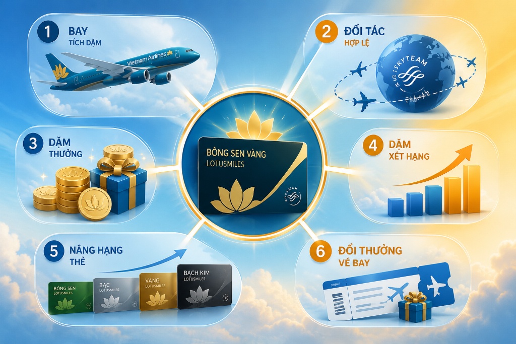 Bông Sen Vàng Vietnam Airlines: Cách tích dặm, đổi thưởng và nâng hạng