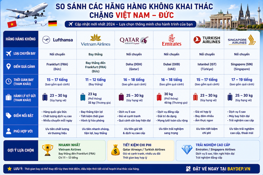 bảng so sánh hãng bay khai thác chặng Việt Nam đi Đức kèm thời gian bay
