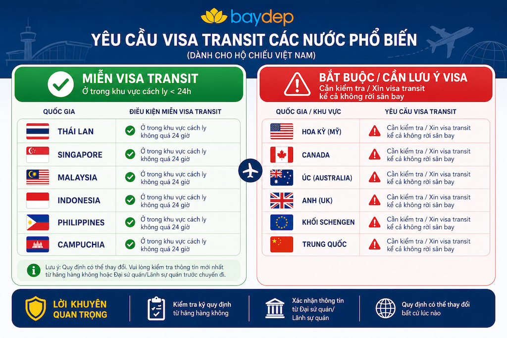 bảng so sánh yêu cầu visa transit các nước phổ biến cho hành khách Việt