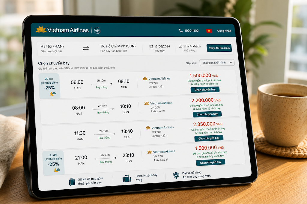 giao diện tìm kiếm vé máy bay Vietnam Airlines trên nền tảng đặt vé trực tuyến