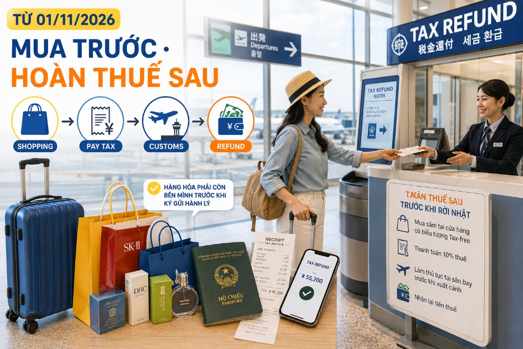 quy trình hoàn thuế mua sắm tại sân bay Nhật Bản