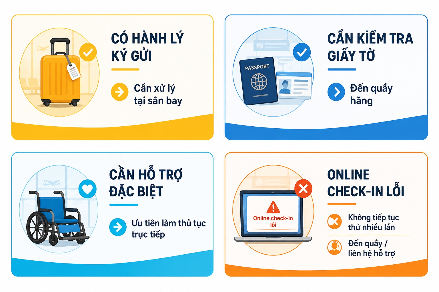quầy làm thủ tục sân bay hỗ trợ hành khách gặp lỗi