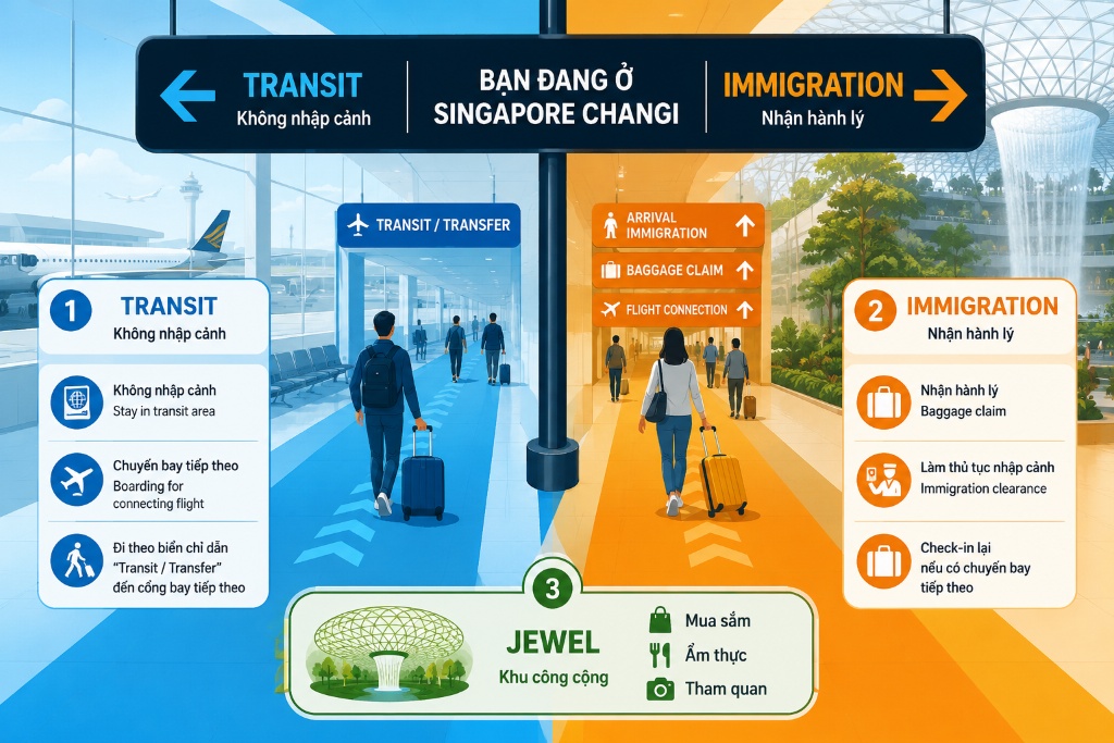 sơ đồ di chuyển giữa bốn terminal tại sân bay Changi"