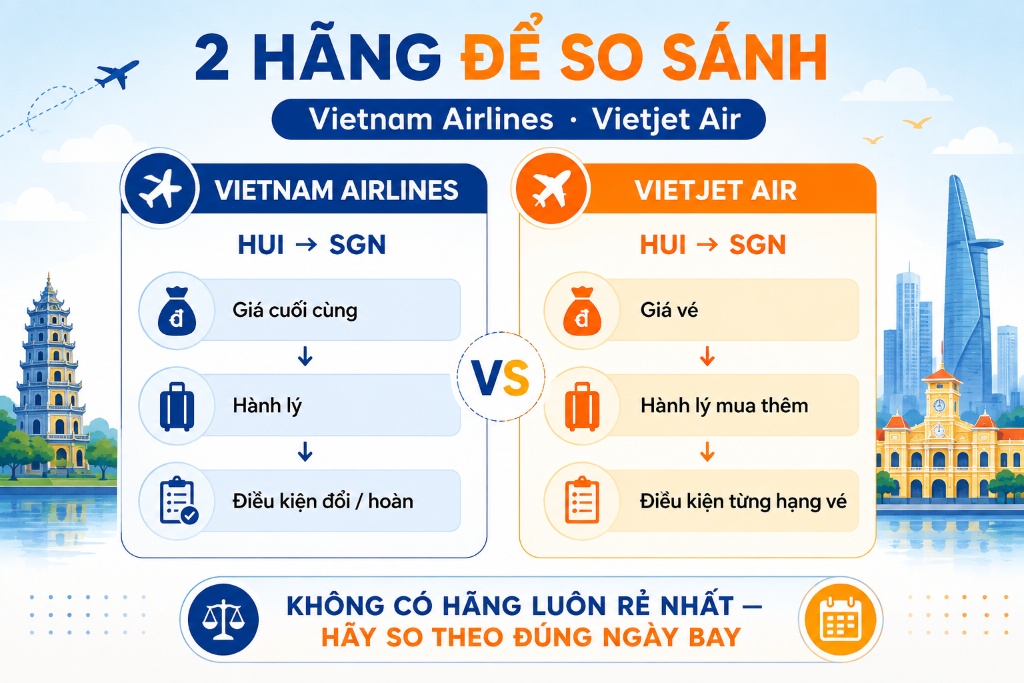 giao diện chọn chuyến bay trực tuyến từ Huế đến Sài Gòn