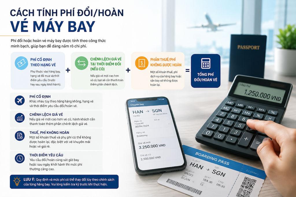 hành khách kiểm tra phí đổi hoàn vé máy bay trên màn hình điện thoại
