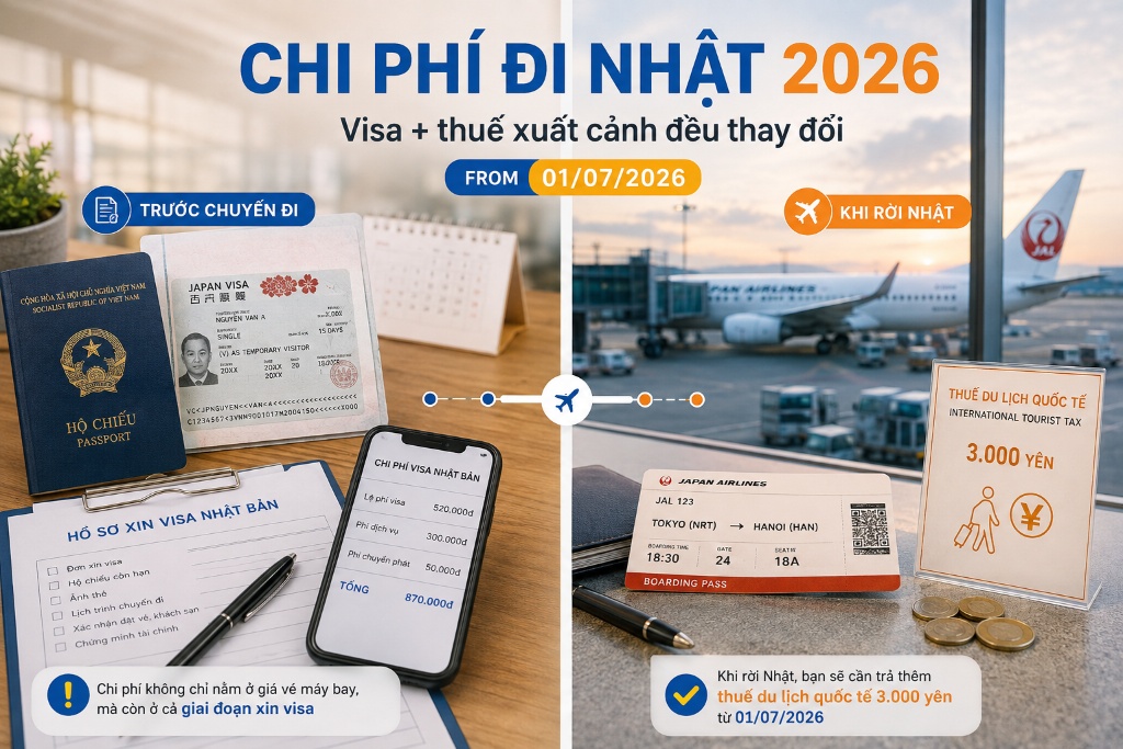 bảng chi phí visa và thuế xuất cảnh Nhật Bản 2026