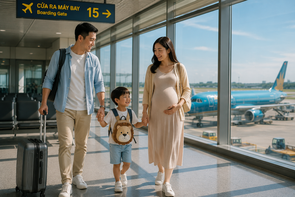 phụ nữ mang thai và trẻ nhỏ chuẩn bị lên máy bay tại sân bay