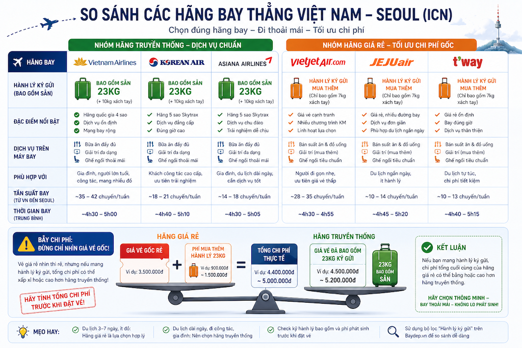 bảng so sánh dịch vụ hành lý các hãng bay Việt Nam Hàn Quốc