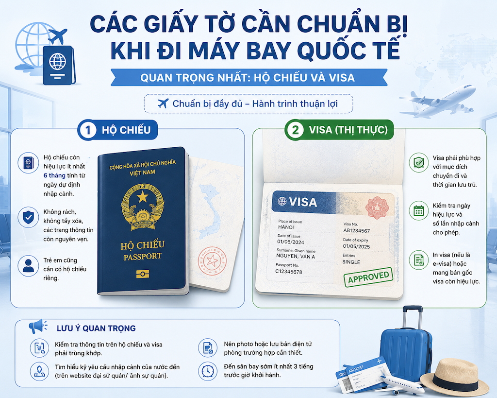 các giấy tờ cần chuẩn bị khi đi máy bay quốc tế gồm hộ chiếu và visa
