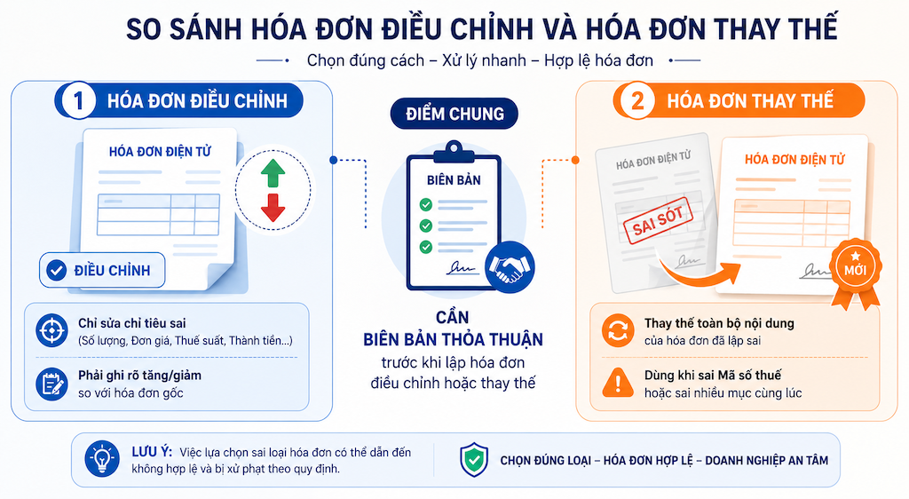 sơ đồ so sánh hóa đơn điều chỉnh và hóa đơn thay thế khi xử lý sai sót