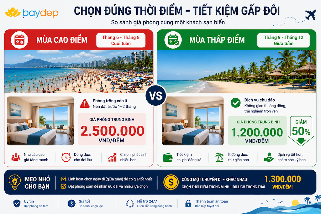bảng so sánh mức giá phòng khách sạn biển giữa mùa cao điểm và mùa thấp điểm